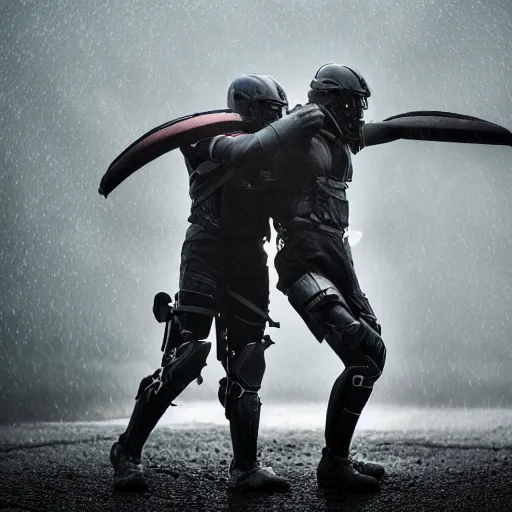 Image similar to 2 warriors in de exoskeletons battling each other in heavy rain, ground fog, moody lighting, 8 k, lightning, shallow depth of field, cinematic lighting,