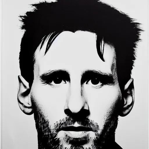 Image similar to a portrait of Lionel Messi, made by Andy Warhol, two tone, very high contrast, only black and white, simplistic, extremely high contrast, two tone, notan art, by Andy Warhol, minimalistic,