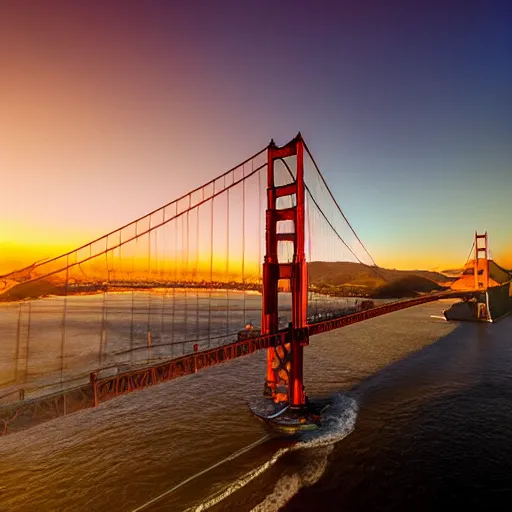 Image similar to golden gate bridge, sunset, dragon flying above