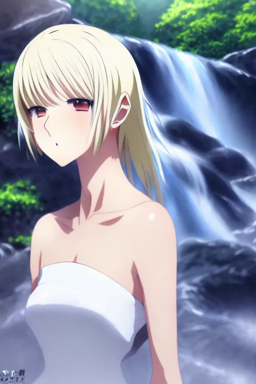 Prompt: anime art full body portrait character concept art, anime key visual of elegant young female, platinum blonde straight bangs and large eyes, finely detailed perfect face delicate features directed gaze, laying on back near a waterfall, arms crossed behind head, trending on pixiv fanbox, studio ghibli, extremely high quality artwork