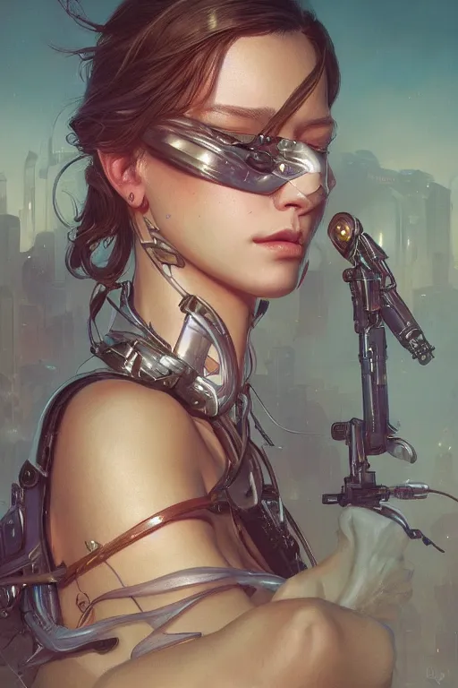 Image similar to ultra realistic illustration, closeup portrait shot, perfect lighting, hacknaut cyberpunk, sci - fi, fantasy, intricate, elegant, highly detailed, digital painting, artstation, concept art, smooth, sharp focus, illustration, art by artgerm and greg rutkowski and alphonse mucha