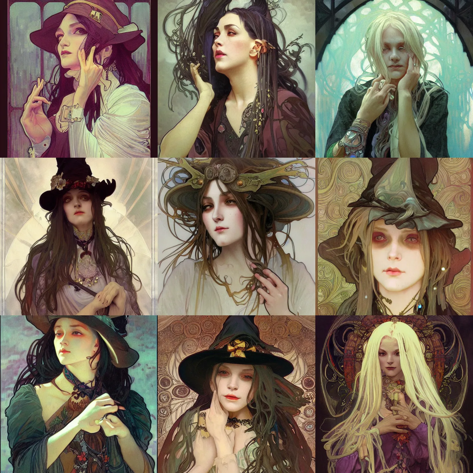 Prompt: detailing character concept portrait painting of gloomy old witch, high fantasy, mythic , art station, pixiv, trending, editor’s pickup, by Alphonse Mucha