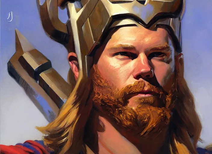 Image similar to a highly detailed beautiful portrait of thor, by gregory manchess, james gurney, james jean