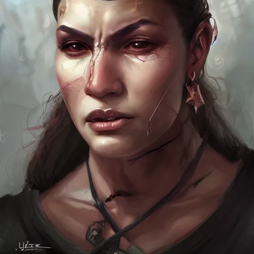 Image similar to beautiful, very strong, mixed race, female, middle aged, face, no makeup, scarred, warrior, head shot, fantasy, highly detailed, digital painting, artstation, concept art, smooth, sharp focus, illustration, art by jodie muir and brom