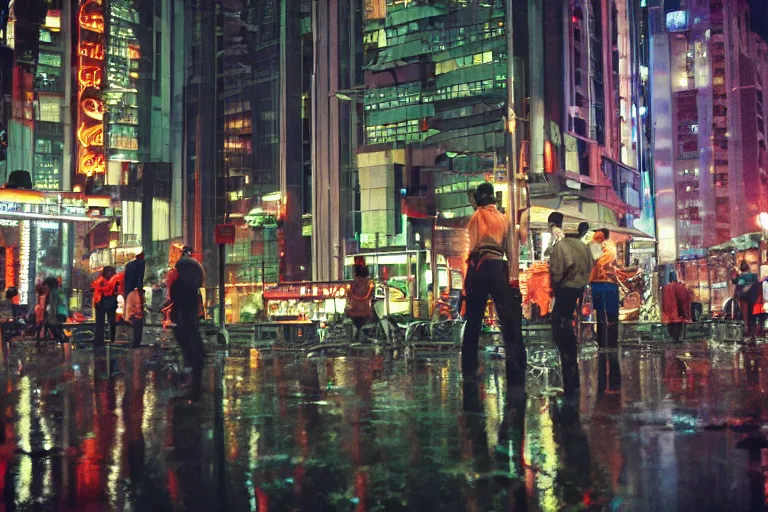 Prompt: outdoorsy guys club likes to look at the exteriors of urban architecture onion column shot by darius khondji wong kar-wai shot on film technicolor night time scenes reflections through windows red and blue lights orange lights busy nightlife in city scene melancholic quality