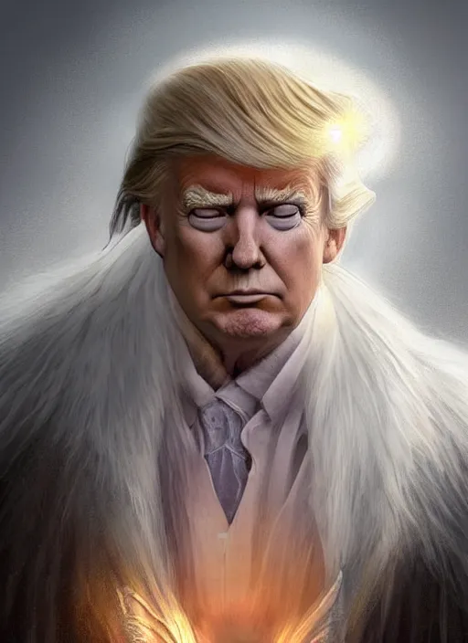 Prompt: Portrait of Donald Trump, white glowing eyes, silver shaggy hair, cloak, ethereal wings, male, fantasy, extremely detailed, digital painting, artstation, concept art, smooth, sharp focus, illustration, stunning lighting, art by artgerm and greg rutkowski and alphonse mucha and simon stalenhag, realistic character concept, high fantasy, light atmosphere, golden ratio, cinematic lighting, hyperdetailed, high resolution, insanely detailed and intricate, artstation, Marc Simonetti, Greg Rutkowski, 8k