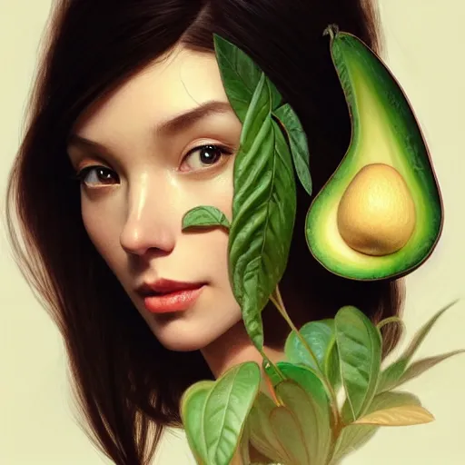 Image similar to avocado, instead of a bone, the head of ilona mask, elegant, highly detailed, my rendition, digital painting, artstation, concept art, smooth, sharp focus, illustration, art by artgerm and greg rutkowski and alphonse mucha and uang guangjian and gil elvgren and sachin teng, symmetry!!