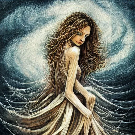 Prompt: with you I’d dance in a storm in my best dress fearless, intricate detailed painting, artstation deviantart, absolutely mind blowing beautiful fine art, haunting, whimsical