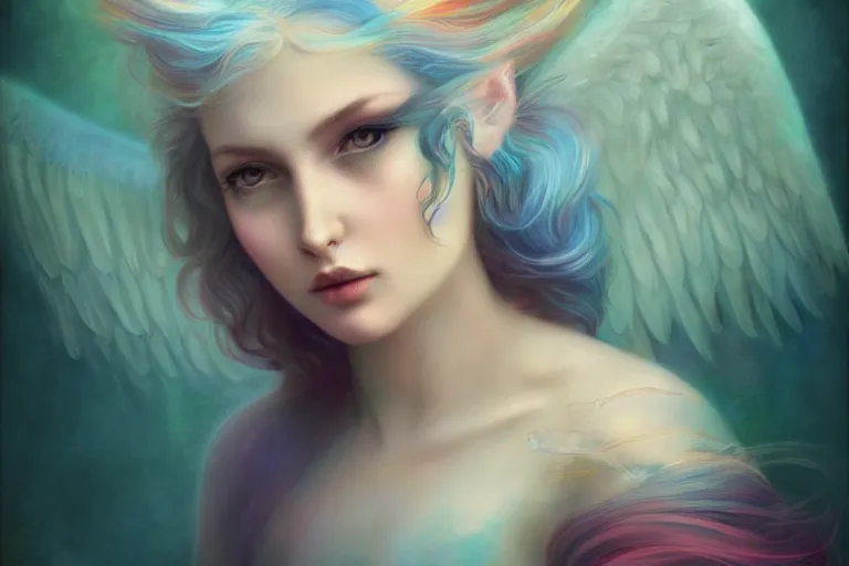 Image similar to pretty angel girl with wings photograph in the style of tom bagshaw, colorful, realistic, 8 k