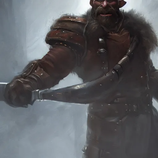 Image similar to portrait of a muscular, bald orc mechanic, wearing a heavy brown leather coat, wielding a wrench, DnD character, fantasy character, dramatic lighting, high detail, digital art by Ruan Jia