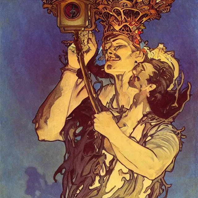 Image similar to an aesthetic! a detailed portrait of a man with a crown, holding a lantern by frank frazetta and alphonse mucha, oil on canvas, art nouveau dungeons and dragons fantasy art, hd, god rays, ray tracing, crisp contour lines, huhd