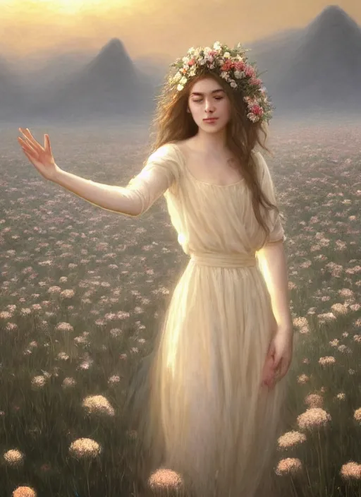 Image similar to oil painting portrait of a young woman with long dark flowing hair in a dress made of white flowers, dancing levitating floating over a field of flowers at sunset with mountains in the background, hazy, digital art, chiaroscuro, artstation, cinematic, golden hour, digital art painting by greg rutkowski, bouguereau, hazy atmosphere, flowers, cinematic lighting