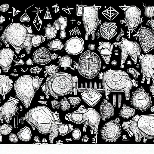 Prompt: “diamonds, pigs, weeds, bagels, pig, strawberries, blueberries, raspberries, diamonds, bovine, pathology, syringe, lightning symbol, pigs, pork, formulae, giant pig, weeds and grass, math equations, crystals, plants, scientific glassware, neo-expressionist style, pink and blue and black and white, by Jean-Michel Basquiat”