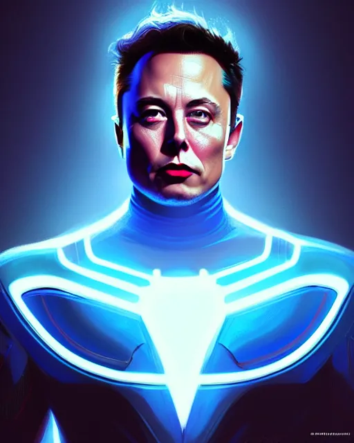 Prompt: blue color elon musk superhero, glam, power, glowing lights intricate, elegant, highly detailed, digital painting, artstation, concept art, smooth, sharp focus, illustration, art by artgerm and greg rutkowski and fra angelico and unreal engine 5