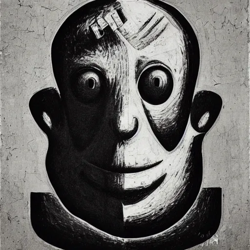 Prompt: black and white dada artwork of the golem from prague lab