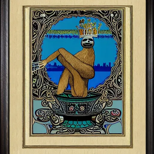 Prompt: sloth as the king of cups, framed, intricate details