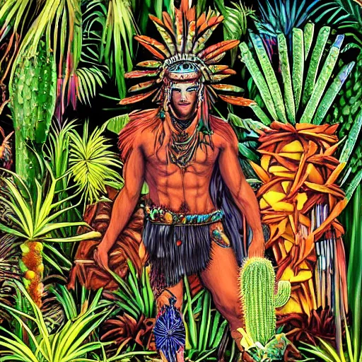 Image similar to single spartan in amazonian jungle surrounded by cactus with a shaman offering peyote with a camp fire on a full moon with stars