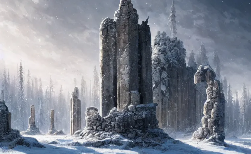 Prompt: a vast snowy tundra, sparse pine trees, scattered broken ancient ruin structures, pillars, fantasy digital painting, stunning intricate details, artwork by ross tran and greg rutkowski