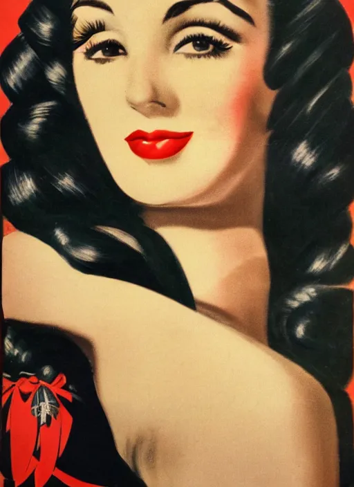 Image similar to portraitbeautiful and glamorous black-haired woman, smooth hair, arab, 1940s propaganda poster, full hd,highly detailed