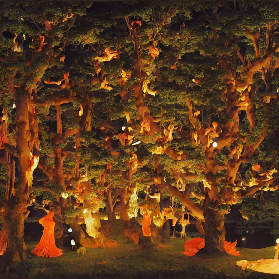 Image similar to a night carnival around a magical tree cavity, with a surreal orange moonlight and fireworks in the background, next to a lake with iridiscent water, christmas lights, folklore animals and people disguised as fantastic creatures in a magical forest by summer night, masterpiece painted by frederic leighton, dark night environment