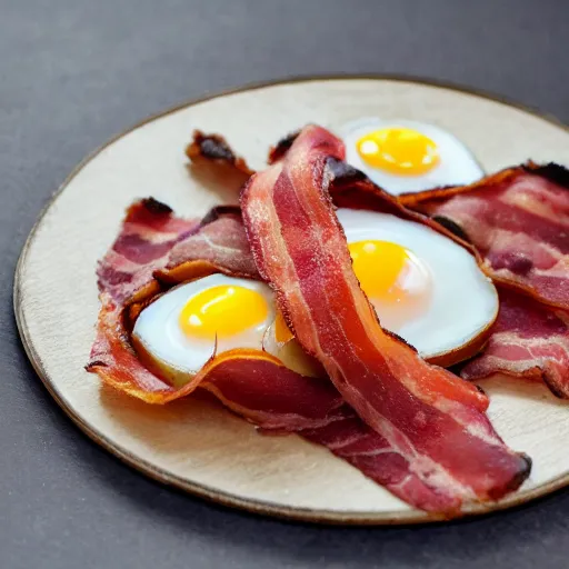 Prompt: high tech, low life, cyberpunk bacon and eggs in pan, closeup, close angle, dramatic lighting