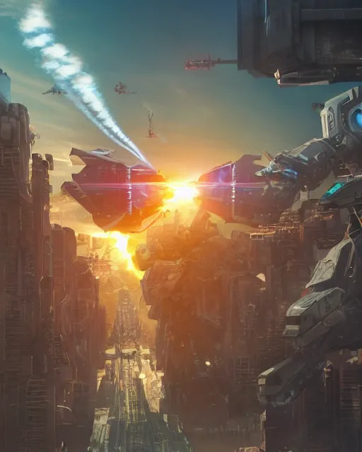 Prompt: giant mech robot and Kaiju monster battle in complex cityscape folding and colliding in inception mirror dimension style became 3d maze puzzle in cinematic hd photo smoke cloud lens flare godray mcu Nolan Leica Zeiss film trending on artstation