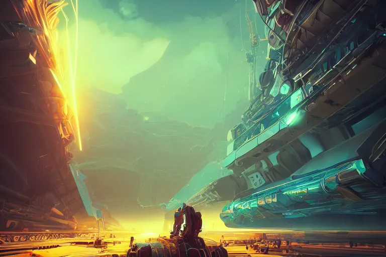 Image similar to huge mechanical creature robot radiating a glowing aura, global illumination, ray tracing, hdr, fanart, artstation, by ian pesty and alena aenami, artworks, 4 k