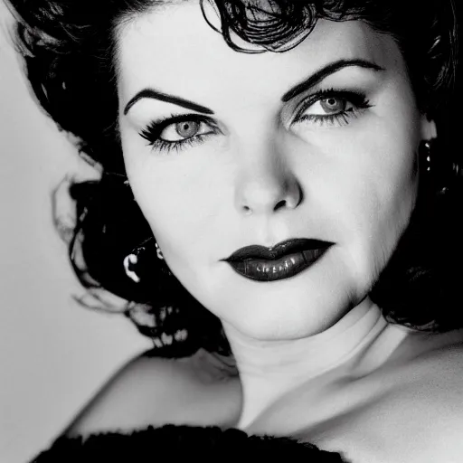 Prompt: professional photography, black and white closeup of sherilyn fenn
