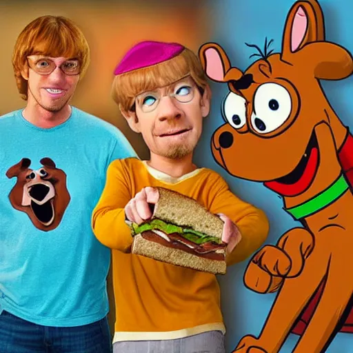 Prompt: realistic photo of scooby doo and shaggy with 2 foot high sandwiches