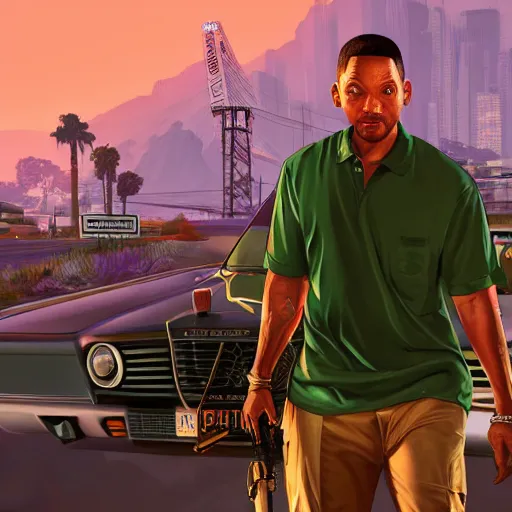 Image similar to Will Smith as Grand Theft Auto V cover art, hyperdetailed, artstation, cgsociety, 8k