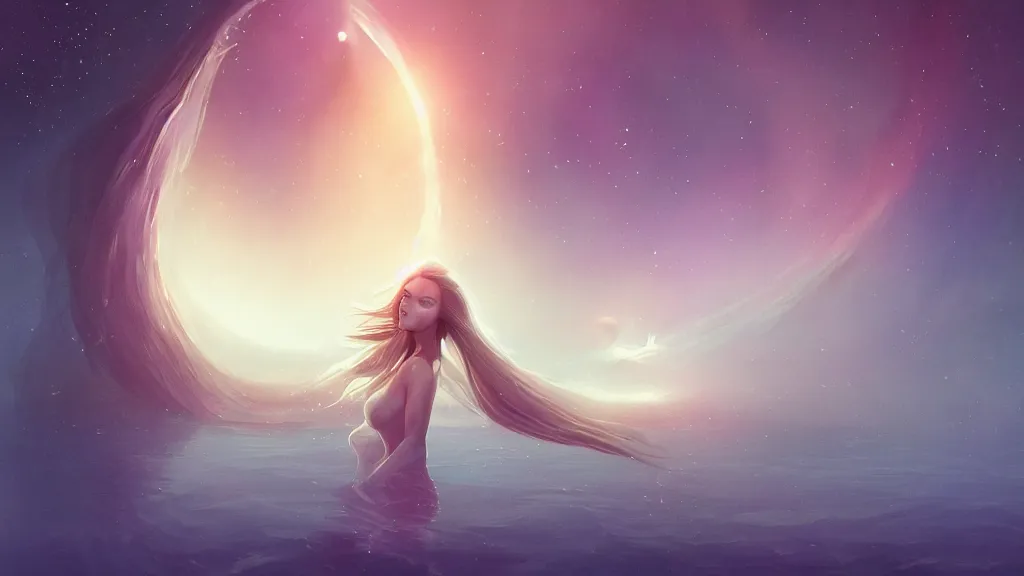 Prompt: whimsical, a single beautiful playful woman, wearing professional makeup, standing in a lake, under the stars, with a binary black hole with a ring in the sky, by Lois van Baarle, by Greg Rutkowski, by artgerm, by ross tran, cinematic angle, face enhance, volumetric lighting, cinematic lighting, digital art, 4k resolution, octane render, trending on artstation, masterpiece