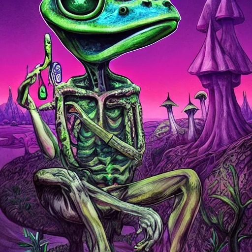 Image similar to A centered chest up portrait of a psychedelic shaman-like anthropomorphic frog smoking a hand-rolled cigarette smoking heavily , magic mushroom village in background . award winning. superb resolution. in the art style of junji Ito and greg rutkowski . Detailed Mushroom city in background. Hyper realistic anime. Perfect art. Dalle2