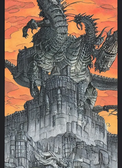 Image similar to detailed fantasy comic book drawing of a ( giant mechanical dragon ) over a ( stronghold castle ) by dariusz zawadski and simon stalenhag, simon bisley!, jack kirby!!! and gris grimly, cinematic, epic, awesome color palette, hard contrast, ink outlines