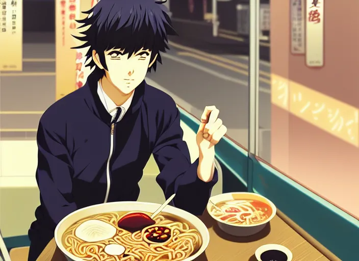 Image similar to anime visual, full body illustration a young man having lunch at a ramen stall at midnight, handsome face by ilya kuvshinov, yoshinari yoh, makoto shinkai, katsura masakazu, dynamic perspective pose, detailed facial features, kyoani, rounded eyes, crisp and sharp, cel shad, anime poster, ambient light,