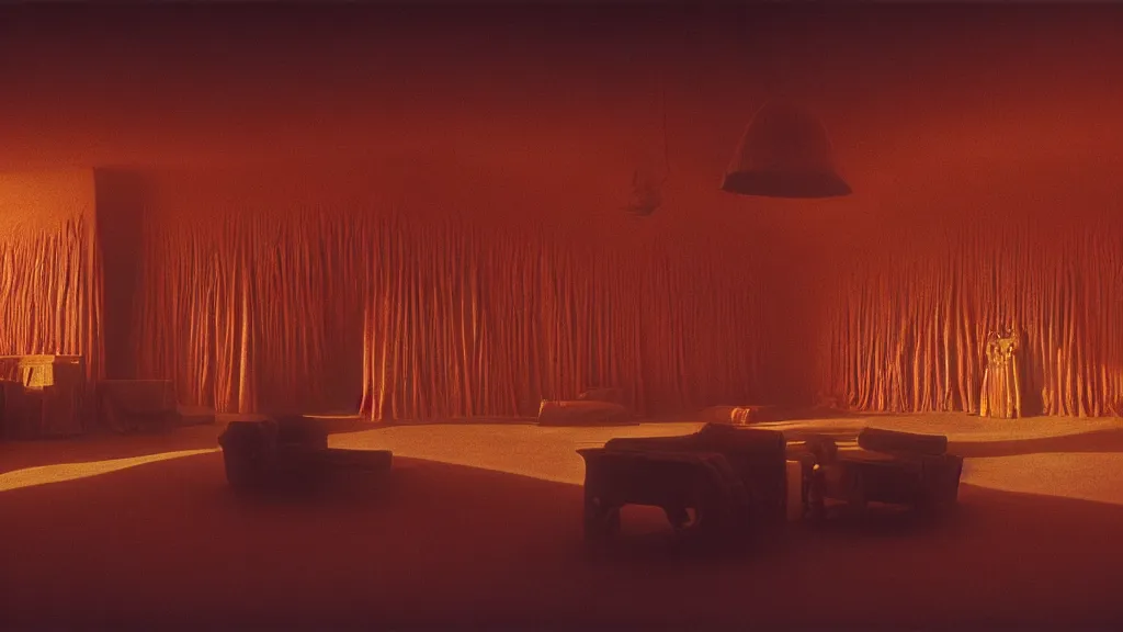 Image similar to inside of a room at Willy Wonka’s chocolate factory, film still from the movie directed by Denis Villeneuve with art direction by Zdzisław Beksiński, wide lens