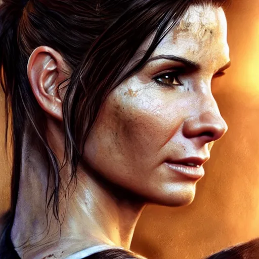 Prompt: hyperrealist portrait of sandra bullock as lara croft. fantasy art, photo realistic, dynamic lighting, artstation, poster, volumetric lighting, very detailed faces, 8 k, award winning