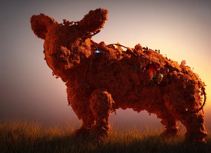 Prompt: a rusty animal made of retrofuturistic and flowers, sunset, hazy, volumetric lighting, rtx on, washed out dark colors, an award - winning digital render, beautiful, stunning, ultradetailed, great composition