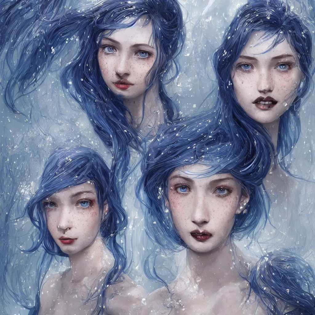 Image similar to a highly detailed portrait of an attractive girl with blue celestial hair and dark lipstick and freckles, wearing a sparkling dress, by kim jung gi, irakli nadar, ruan ji, carl larsson, symmetrical features, realistic human features, trending on artstation, highly detailed, cinematic lighting, character concept art, movie poster art, movie concept art