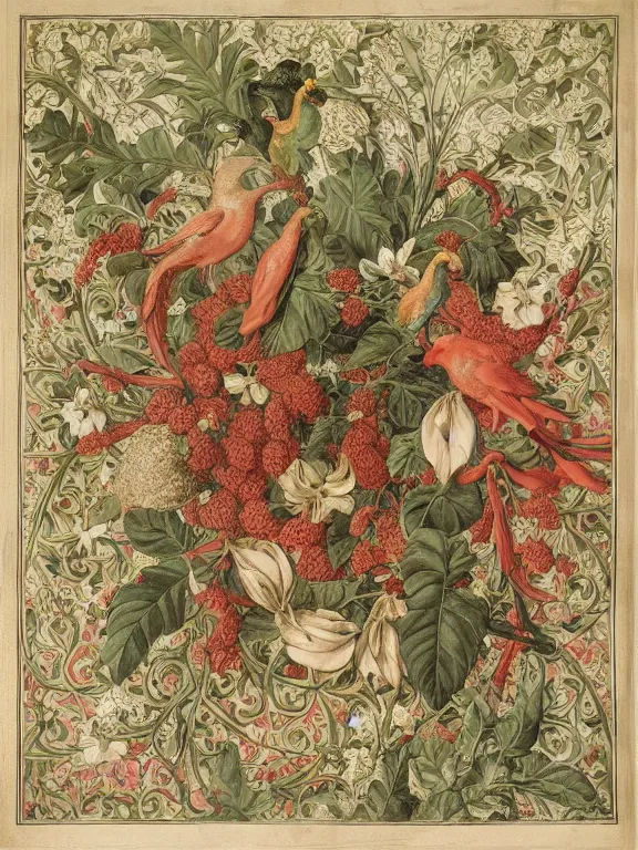 Prompt: a beautiful render of an elaborate arabesque motif, adorned with exotic birds, berries, flowers, swirling vines, datura blossoms, by Raphael, William Morris, and Antoine Watteau, hyperreal