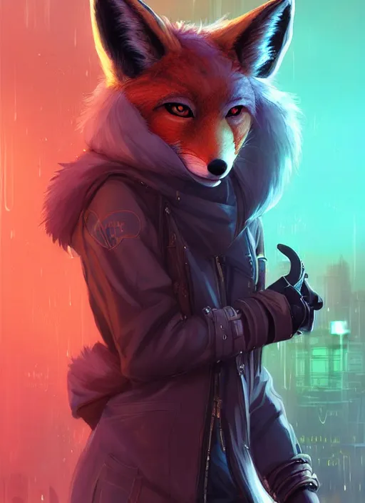 Image similar to award winning beautiful portrait commission of a male furry anthro melanated fox fursona with a tail and a cute beautiful attractive detailed furry face wearing stylish cyberpunk clothes in a cyberpunk city at night while it rains. Character design by charlie bowater, ross tran, artgerm, and makoto shinkai, detailed, inked, western comic book art