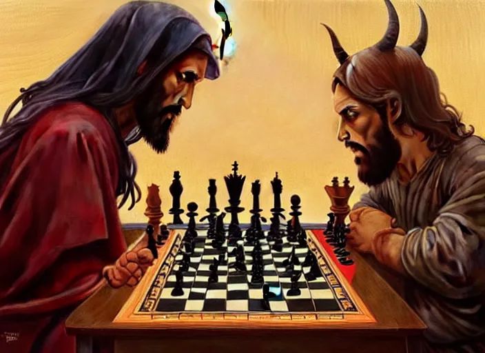 Prompt: highly detailed painting of the Devil and Jesus playing chess together, 4k highly detailed, digital painting, artstation, concept art, matte, sharp focus, illustration, art by Artgerm and Greg Rutkowski and Alphonse Mucha, masterpiece, vivid vibrant deep colors
