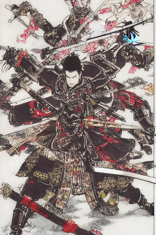 Image similar to elegant illustration of samurai warfare by Yoshitaka Amano