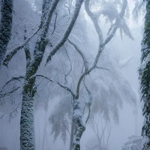 Image similar to snow covered rainforest, foggy, dense, HD,