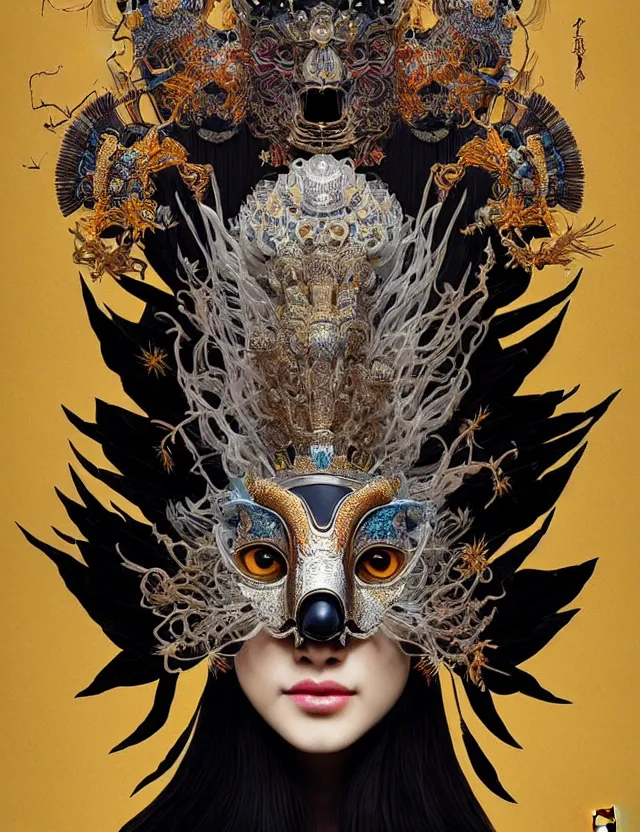 Image similar to goddess portrait with mask and crown made of ram skull. beautiful intricately detailed japanese crow kitsune mask and clasical japanese kimono. betta fish, jellyfish phoenix, bioluminescent, plasma, ice, water, wind, creature, super intricate ornaments artwork by tooth wu and wlop and beeple and greg rutkowski