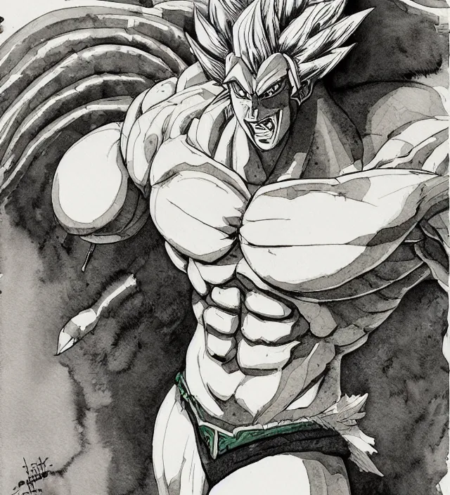 Prompt: a 3 / 4 view watercolor ink painting of broly as a demon in the style of jean giraud in the style of moebius trending on artstation deviantart pinterest detailed realistic hd 8 k high resolution