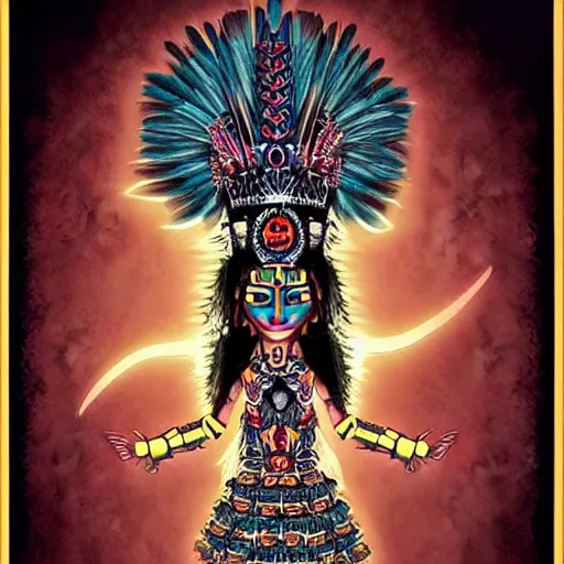 Image similar to character design, aztec warrior goddess, crown of body length feathers, full body, glowing aztec tattoos, beautiful, dark fantasy