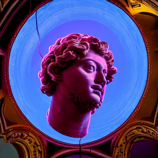 Image similar to a giant neon ring surrounding a renaissance statue head