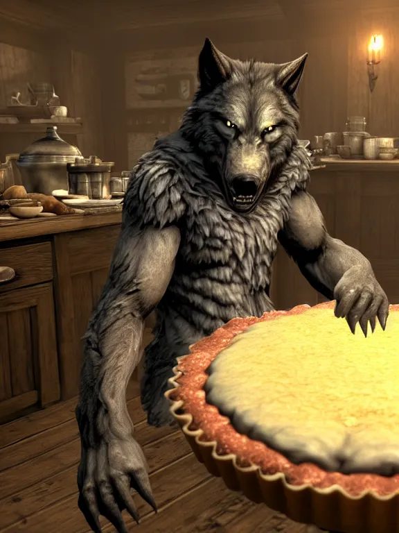 Image similar to cute handsome cuddly burly surly relaxed calm timid werewolf from van helsing sitting down at the breakfast table in the kitchen of a normal suburban home wearing apron having fun baking strawberry tart cakes unreal engine hyperreallistic render 8k character concept art masterpiece screenshot from the video game the Elder Scrolls V: Skyrim