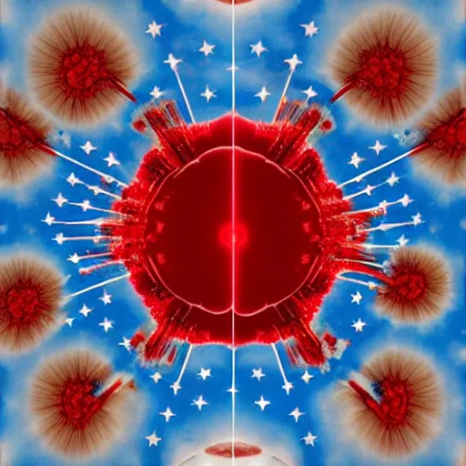 Prompt: red white and blue nuclear explosion over a city on the fourth of july in the style of m. c. escher, junji ito and beeple, patriotic, mushroom cloud