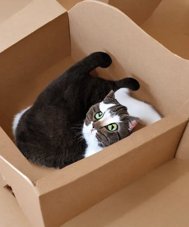 Image similar to a cat plushie in a cardboard box